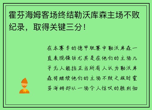 霍芬海姆客场终结勒沃库森主场不败纪录，取得关键三分！